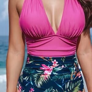 cushe Bright Pink Halter One-Piece with Navy Tropical Waist